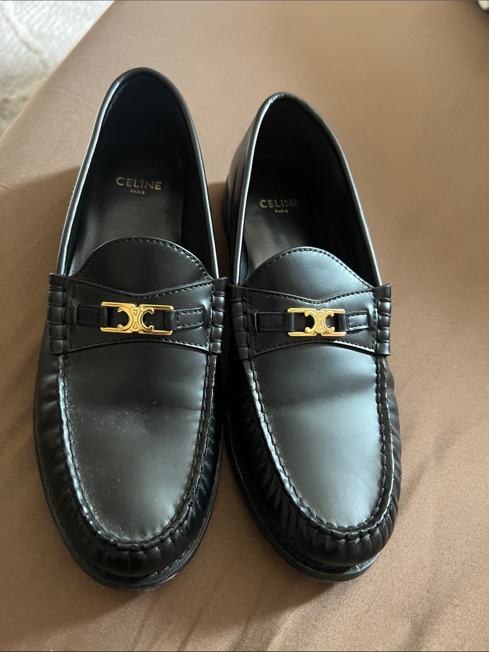 Celine Black Leather Loafers with Gold Buckle
